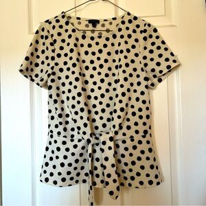Talbots M polka dot black white top short sleeve fitted flare waist blouse